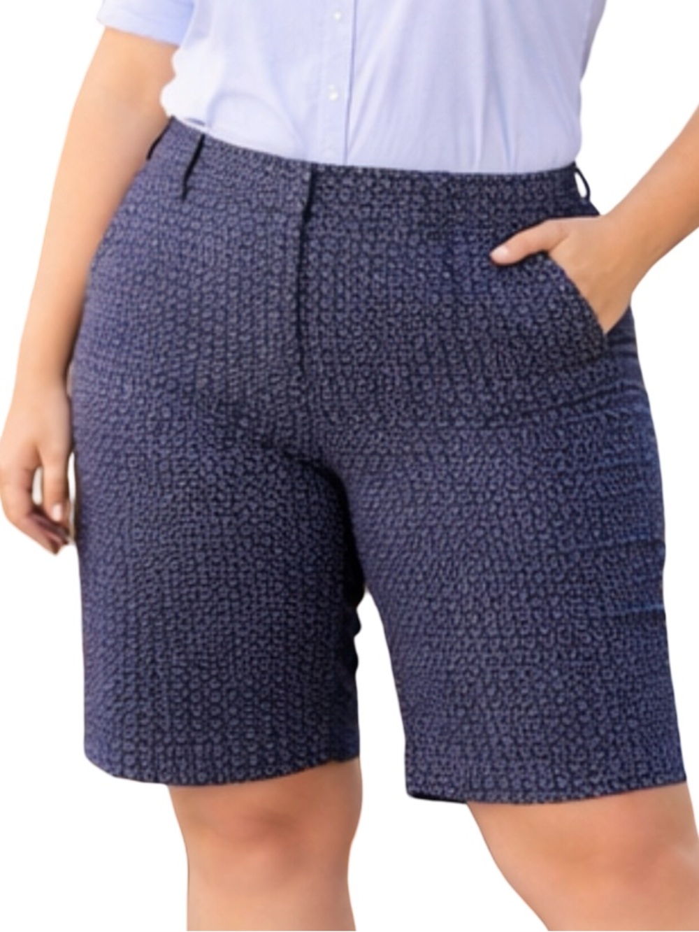 Mario Serrani Italy Navy Print Shorts Women 16 Stretch Dress 9” Inseam geometric